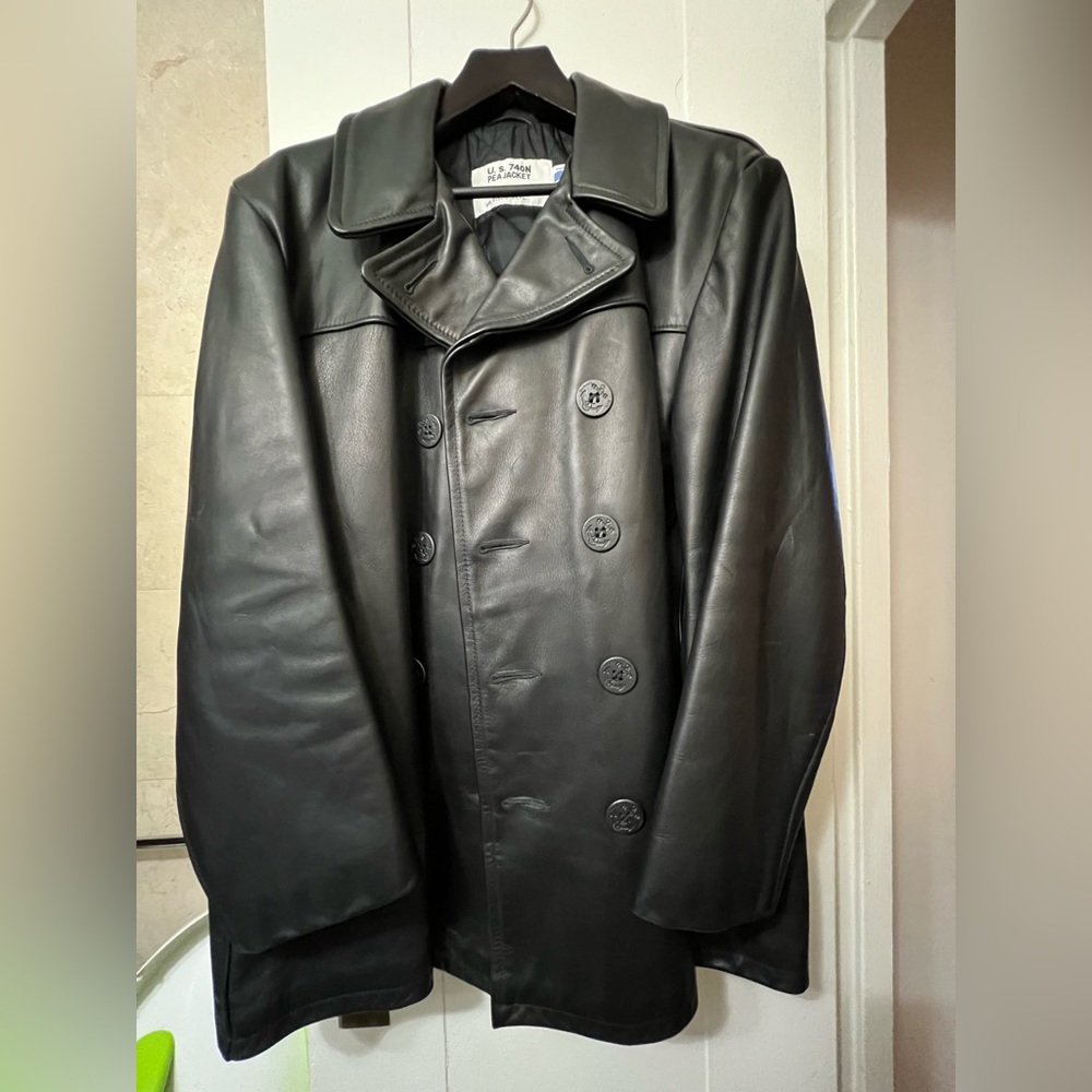 VINTAGE SCHOTT US NAVY 740N PEA COAT HEAVY LEATHER JACKET SIZE 46 or XL